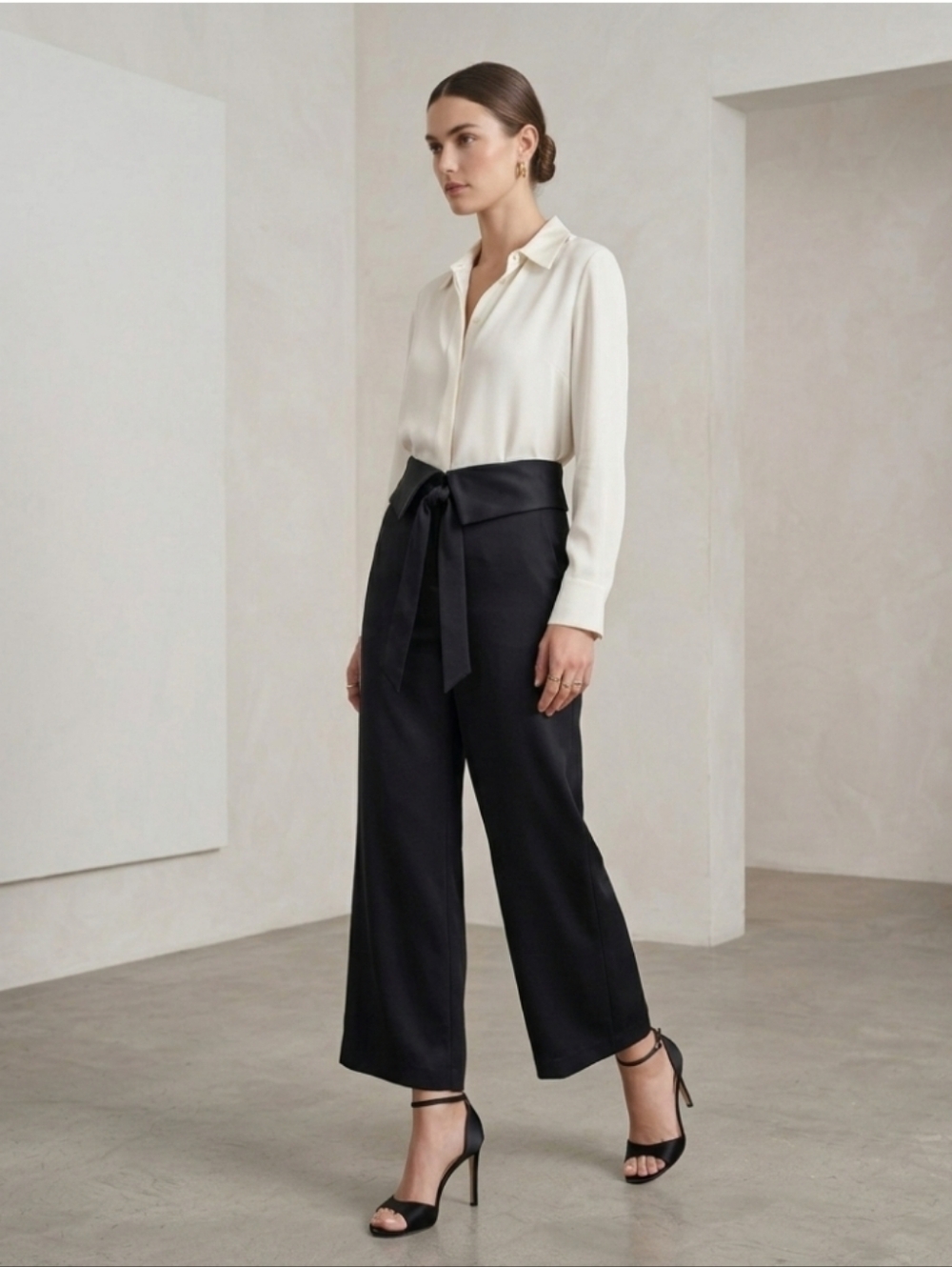 Jonathan Simkhai Black Deconstructed Satin Crepe Wide Leg/Fold Over Crop…